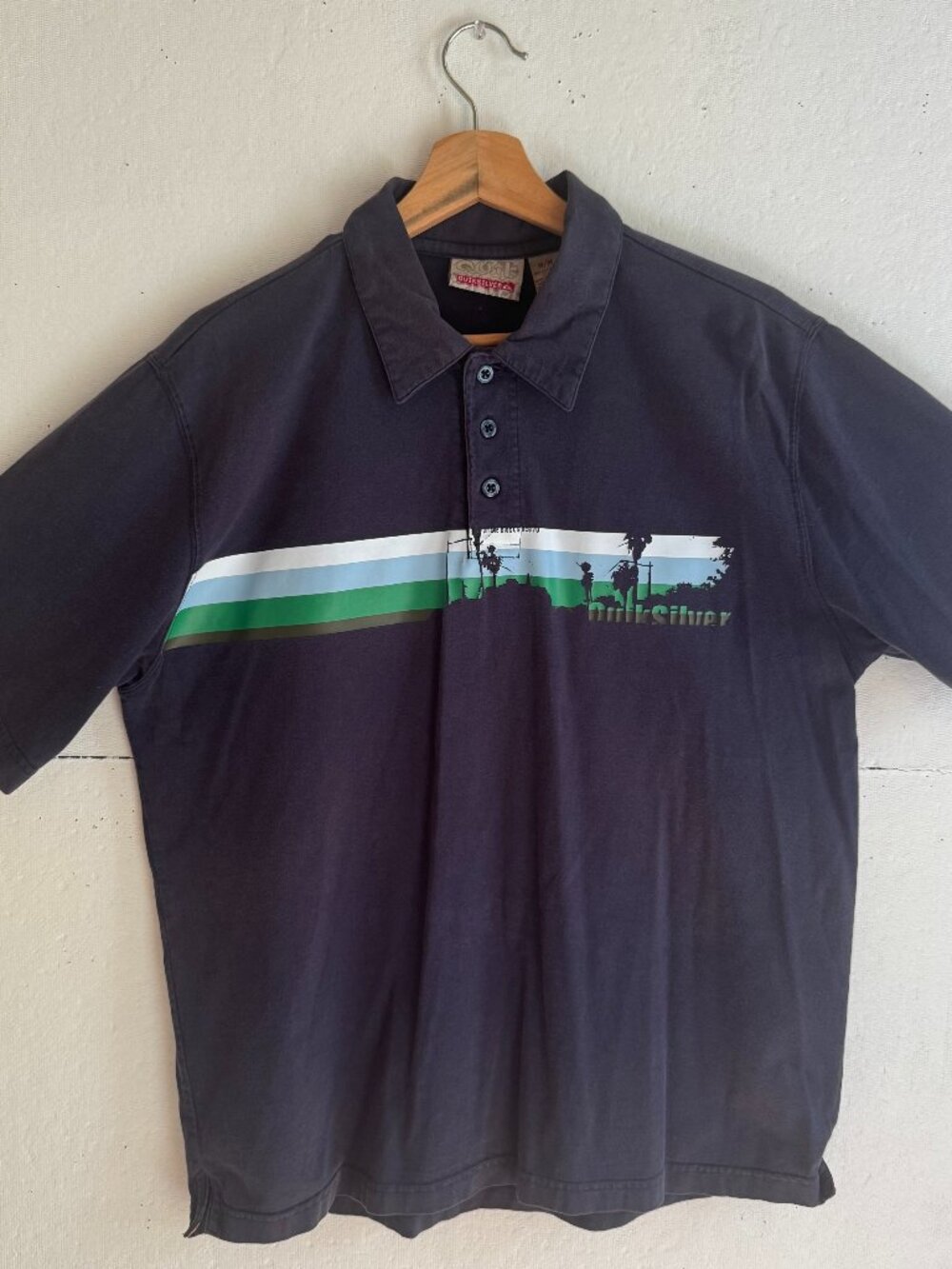 Vintage Y2K Quiksilver Men’s Navy Surf Stripe Polo Shirt Medium